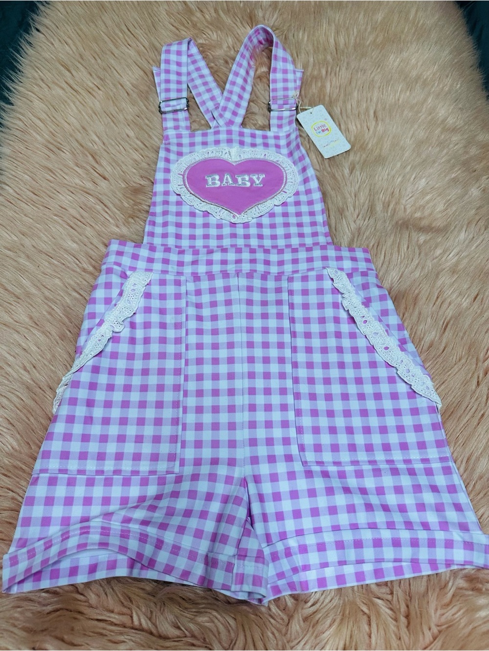 Pink Gingham 'BABY' Ruffle Short Overalls - Picture 3 of 15